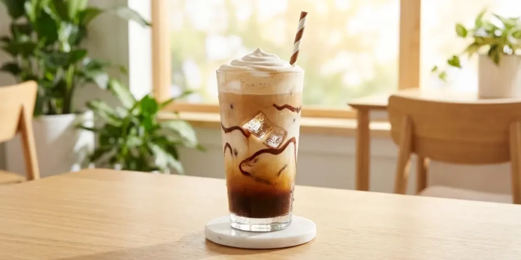 Mexican Hot Chocolate Coffee Recipe Guide – Easy Café-Style Mexican iced coffee in tall glass with cold foam, chocolate drizzle, and ice cubes