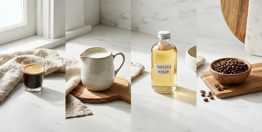Vanilla breve ingredients featuring coffee beans and half-and-half cream
