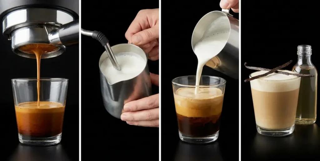 Vanilla breve recipe steps showing espresso pulling and cream steaming