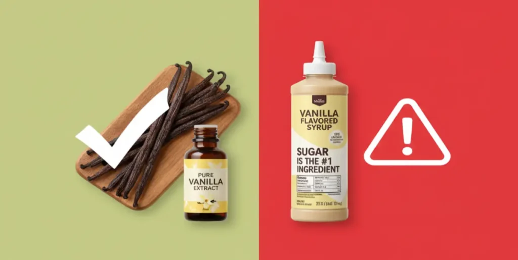 Vanilla health comparison showing pure vanilla and sugary syrup