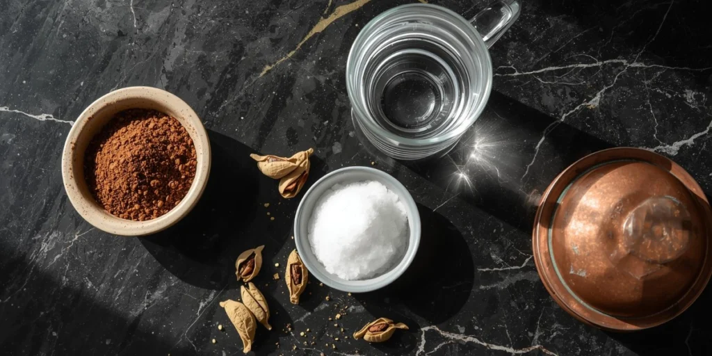 Turkish coffee ingredients arranged on a countertop – ground coffee, water, sugar, and cardamom