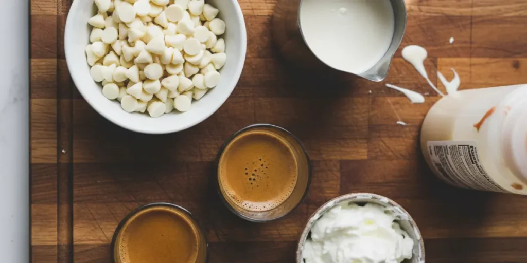  White chocolate breve ingredients flat lay on wooden board