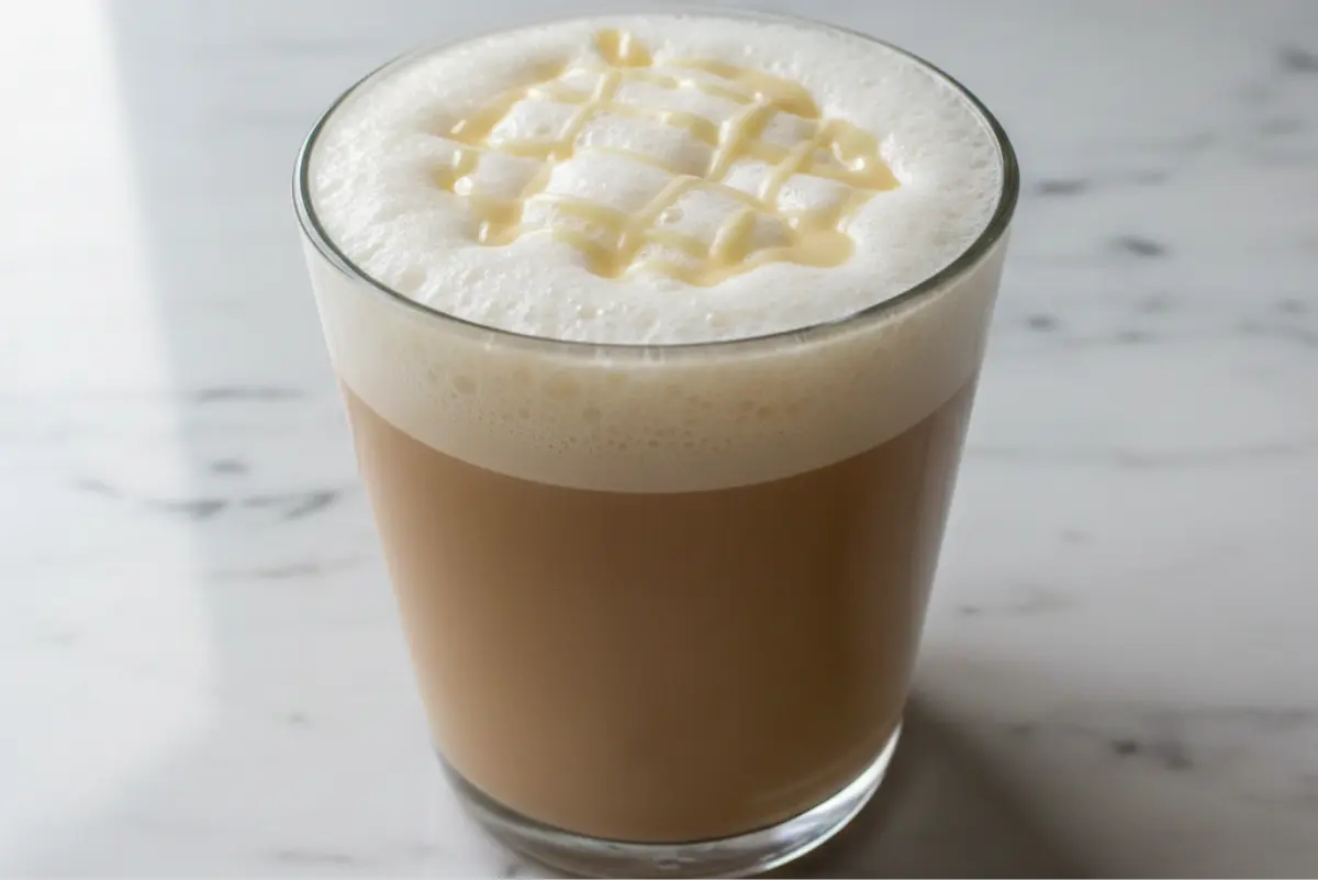 White chocolate breve coffee drink in a glass mug with white chocolate chips on a wooden table