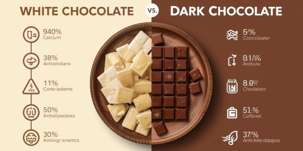  White chocolate vs dark chocolate health benefits comparison infographic
