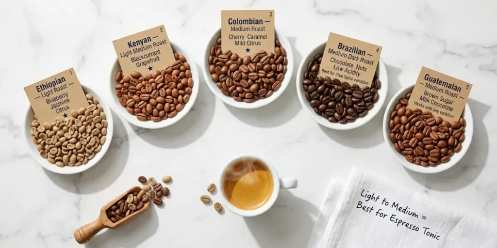 Best coffee beans for espresso tonic overhead flat lay showing five origin and roast options including Ethiopian light roast Kenyan light medium Colombian medium Brazilian medium dark and Guatemalan medium roast in white ceramic dishes with kraft paper labels on white marble