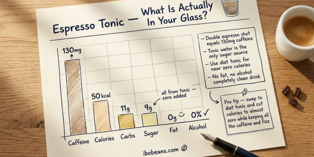 espresso tonic caffeine and nutrition facts including 130mg caffeine 50 calories 11g carbs 9g sugar zero fat and zero alcohol written in navy ink on cream notebook paper