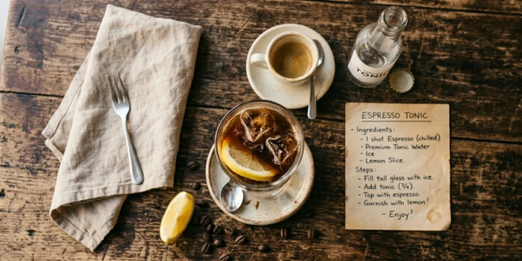 Espresso tonic recipe ingredients flat lay showing double espresso shot Fever Tree tonic water large ice cubes lemon peel and optional simple syrup on wooden marble