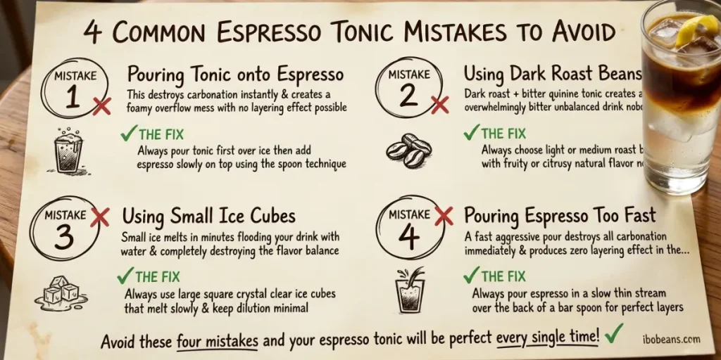 Common mistakes to avoid when making espresso tonic showing wrong method with foam overflow versus correct layered method with spoon pour