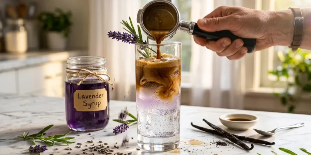 Lavender vanilla espresso tonic in tall Collins glass showing three tone layered gradient of dark espresso pale purple lavender syrup and clear tonic water with fresh lavender sprig and vanilla bean garnish on white marble