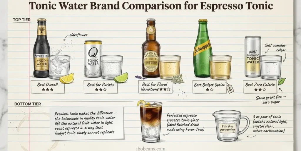 Tonic water brand comparison for espresso tonic flat lay showing Fever Tree Q Tonic Fentimans Schweppes and diet tonic water bottles and cans with individual tasting glasses kraft paper rating cards and completed espresso tonic drink