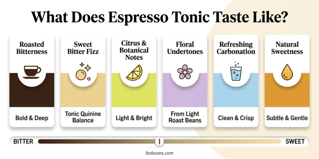 What does espresso tonic taste like infographic showing six flavor profiles including roasted bitterness citrus notes carbonation and floral undertones