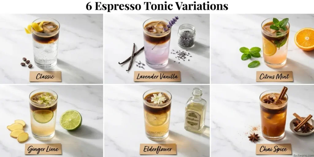 Six espresso tonic flavoring variations overhead grid showing classic lavender vanilla ginger lime citrus mint elderflower and chai spice in identical Collins glasses with individual garnishes
