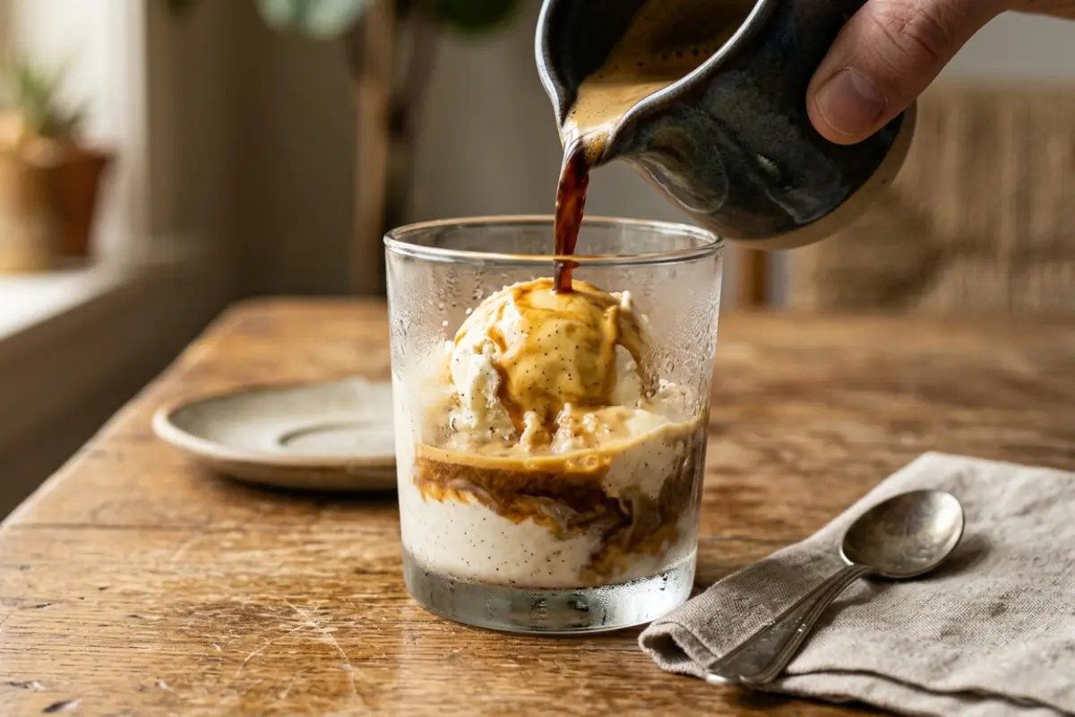 Hot espresso hitting cold vanilla gelato — the defining moment of a perfect affogato.