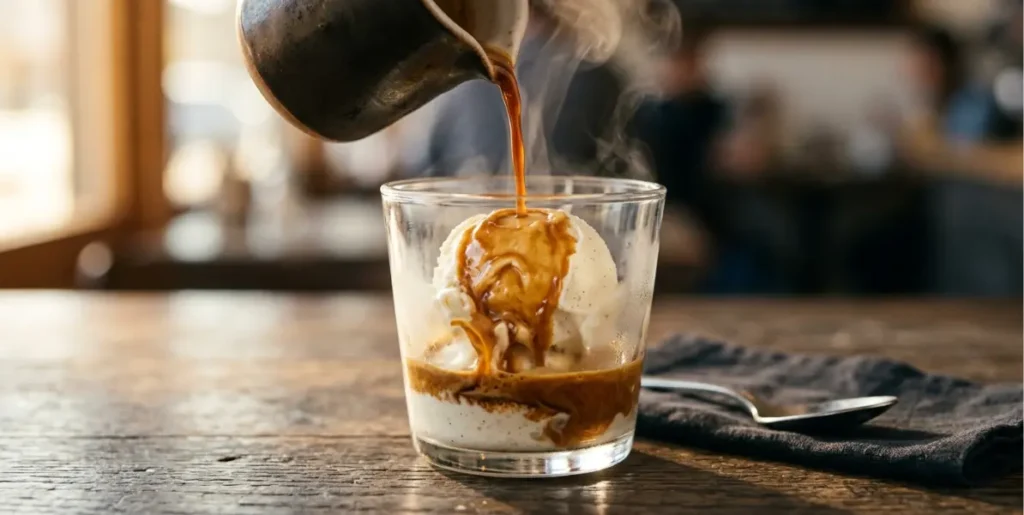 Finished affogato coffee recipe in a clear glass showing vanilla gelato half-melted into dark espresso with a caramel swirl