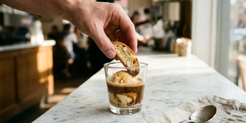 "Finished affogato coffee with melting vanilla gelato and espresso swirl in a clear glass, served with biscotti"