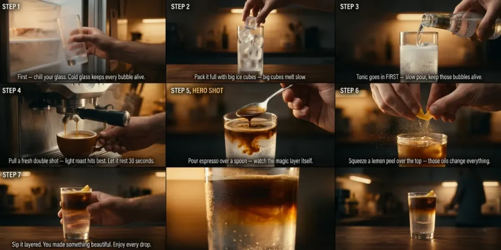 Espresso tonic recipe steps placing tall clear Collins glass inside bright white freezer drawer to chill for 2 minutes before adding any ingredients for best results
