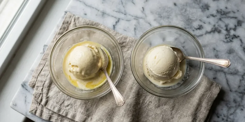 An overhead shot shows two clear bowls filled with vanilla ice cream and a spoon.