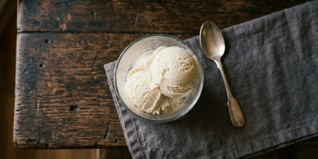 "Two scoops of vanilla gelato in a small clear glass ready for affogato"