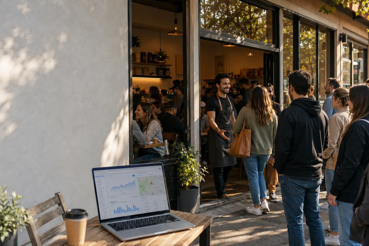 Crowded coffee shop with customers entering while a laptop displays Local SEO analytics and Google Maps performance, illustrating increased visibility and customer growth.