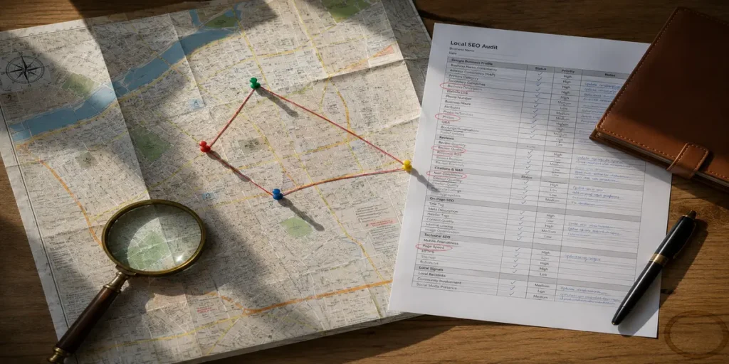multi location cafe local seo audit map neighborhood pins