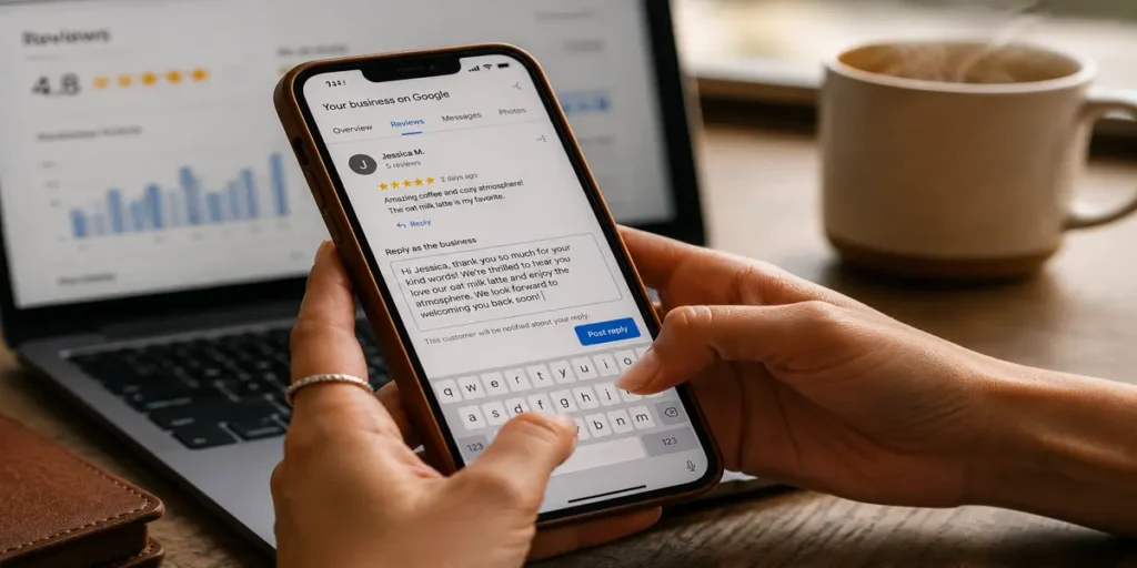 seo specialist replying to google review for coffee shop