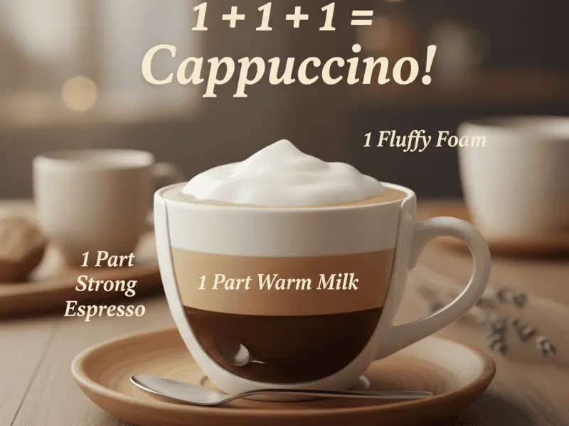 Cappuccino 3 parts: 1 espresso + 1 warm milk + 1 fluffy foam