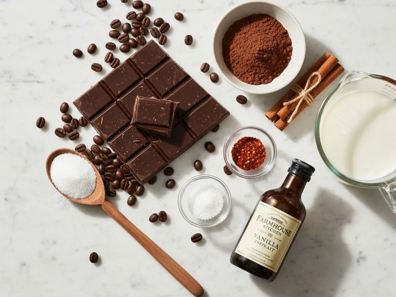Ingredients for Mexican hot chocolate coffee arranged on marble surface including coffee beans, dark chocolate, cinnamon, and cocoa powder