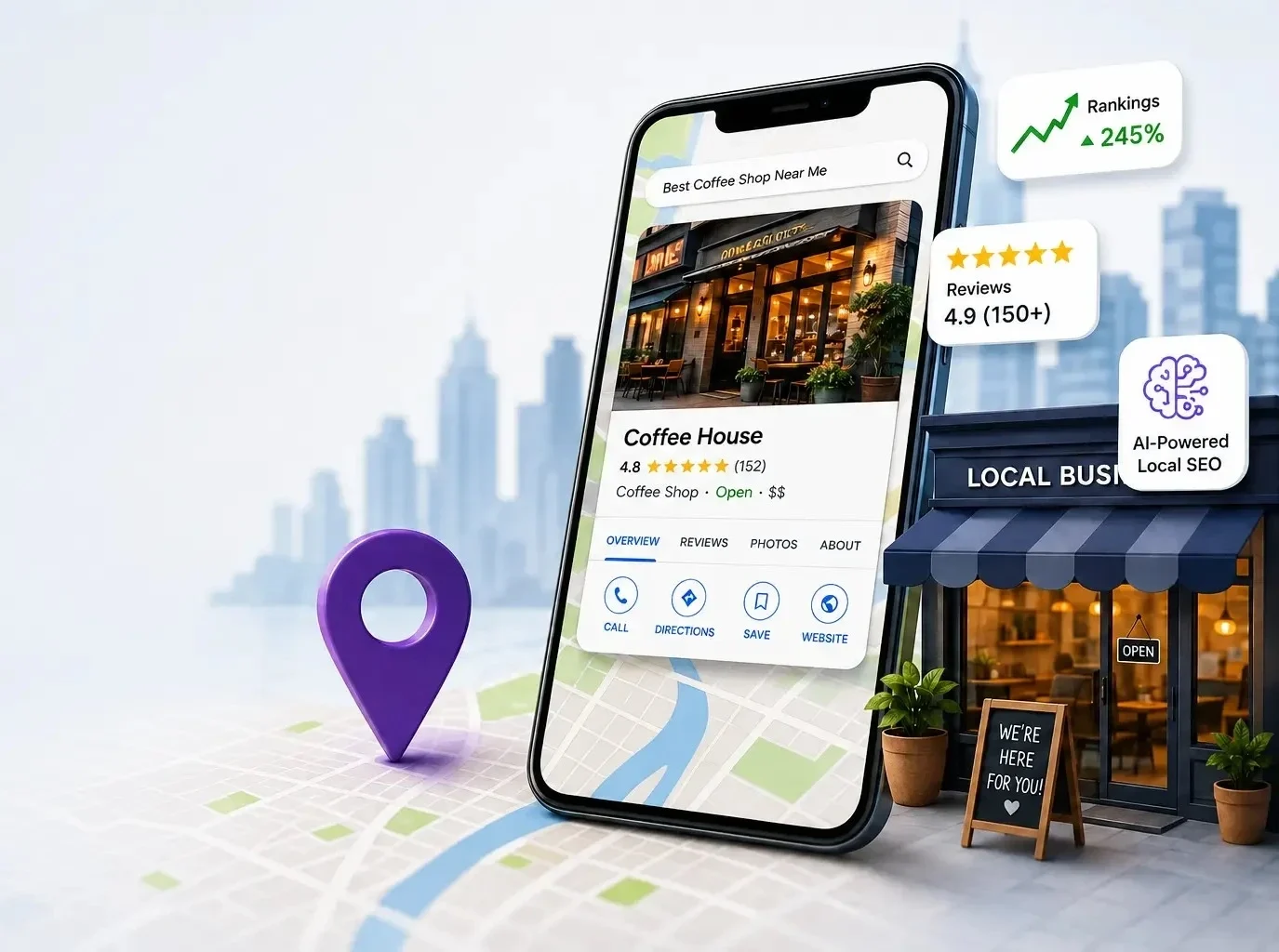 AI-powered Local SEO services illustration with a smartphone showing a Google Maps business listing, ranking growth, customer reviews, location pin, and local business storefront on a warm beige background.